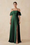 Dark Green Off-the-Shoulder A-Line Chiffon Bridesmaid Dress | KISSBRIDAL