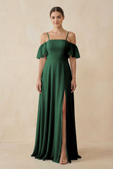 Dark Green Off-the-Shoulder A-Line Chiffon Bridesmaid Dress | KISSBRIDAL