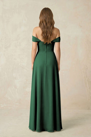 Dark Green Off-the-Shoulder A-Line Chiffon Pleated Bridesmaid Dress (2) | KISSBRIDAL