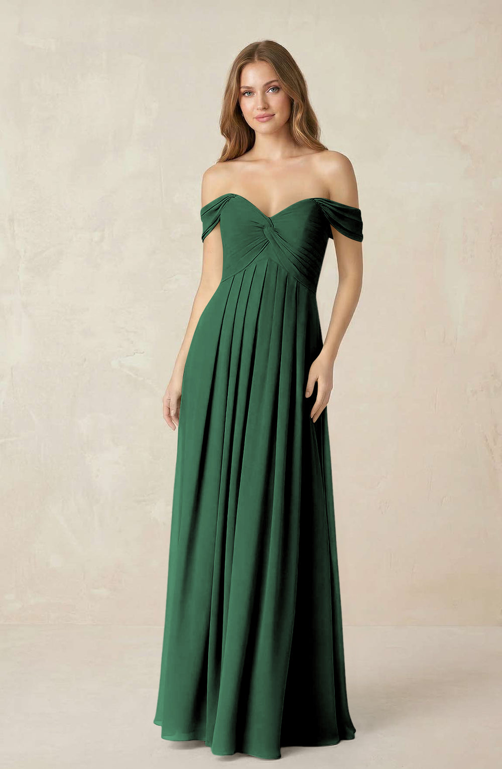 Off-the-Shoulder A-Line Chiffon Pleated Bridesmaid Dress in Dark Green