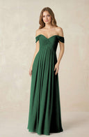 Dark Green Off-the-Shoulder A-Line Chiffon Pleated Bridesmaid Dress | KISSBRIDAL
