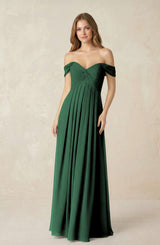 Dark Green Off-the-Shoulder A-Line Chiffon Pleated Bridesmaid Dress | KISSBRIDAL