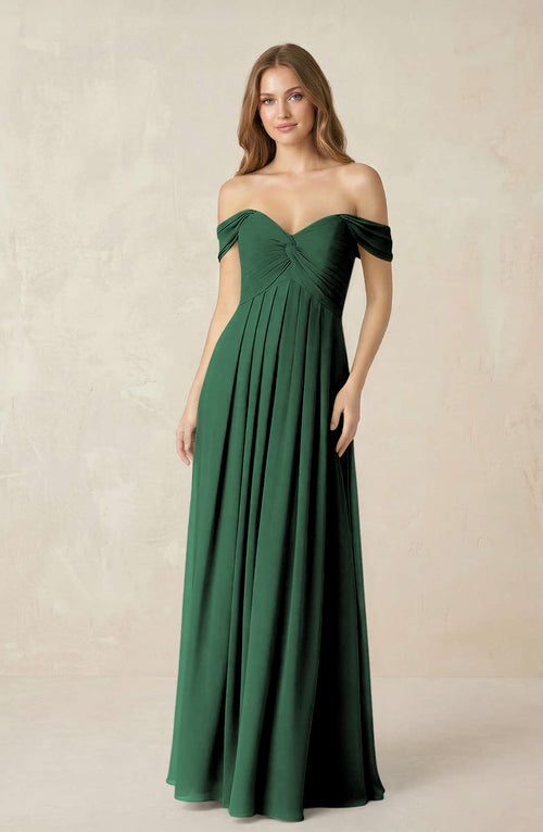Dark Green Off-the-Shoulder A-Line Chiffon Pleated Bridesmaid Dress | KISSBRIDAL