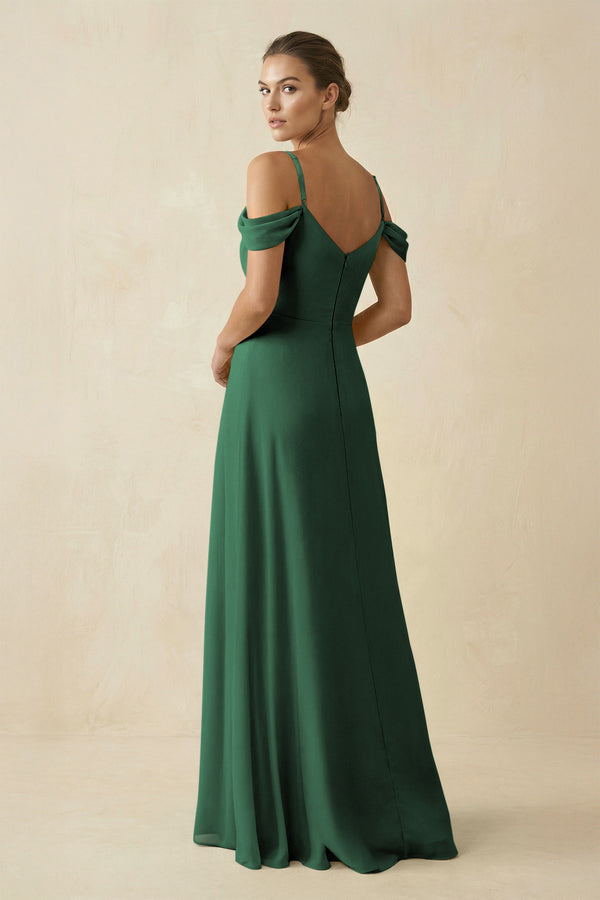 Dark Green Off-the-Shoulder A-Line Pleated Chiffon Bridesmaid Gown (2) | KISSBRIDAL