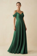Dark Green Off-the-Shoulder A-Line Pleated Chiffon Bridesmaid Gown | KISSBRIDAL