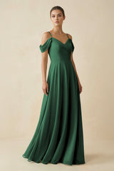 Dark Green Off-the-Shoulder A-Line Pleated Chiffon Bridesmaid Gown | KISSBRIDAL