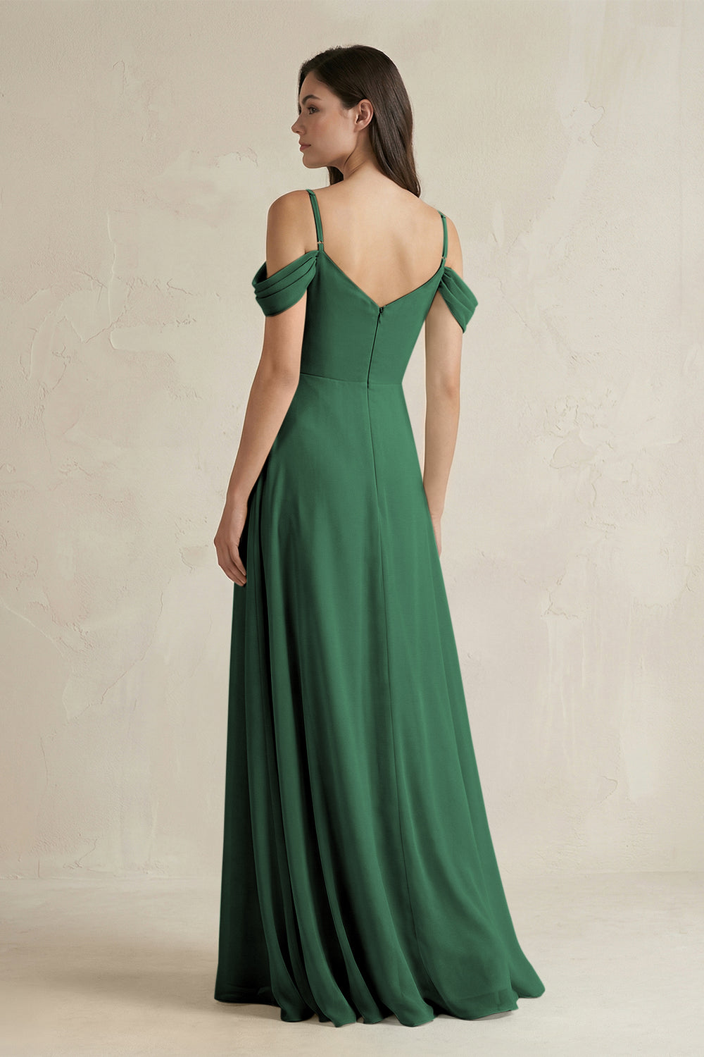 Off-the-Shoulder Chiffon A-Line Bridesmaid Dress in Dark Green