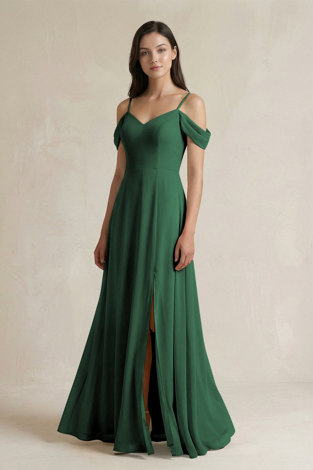 Off-the-Shoulder Chiffon A-Line Bridesmaid Dress in Dark Green