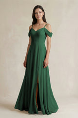 Dark Green Off-the-Shoulder Chiffon A-Line Bridesmaid Dress | KISSBRIDAL