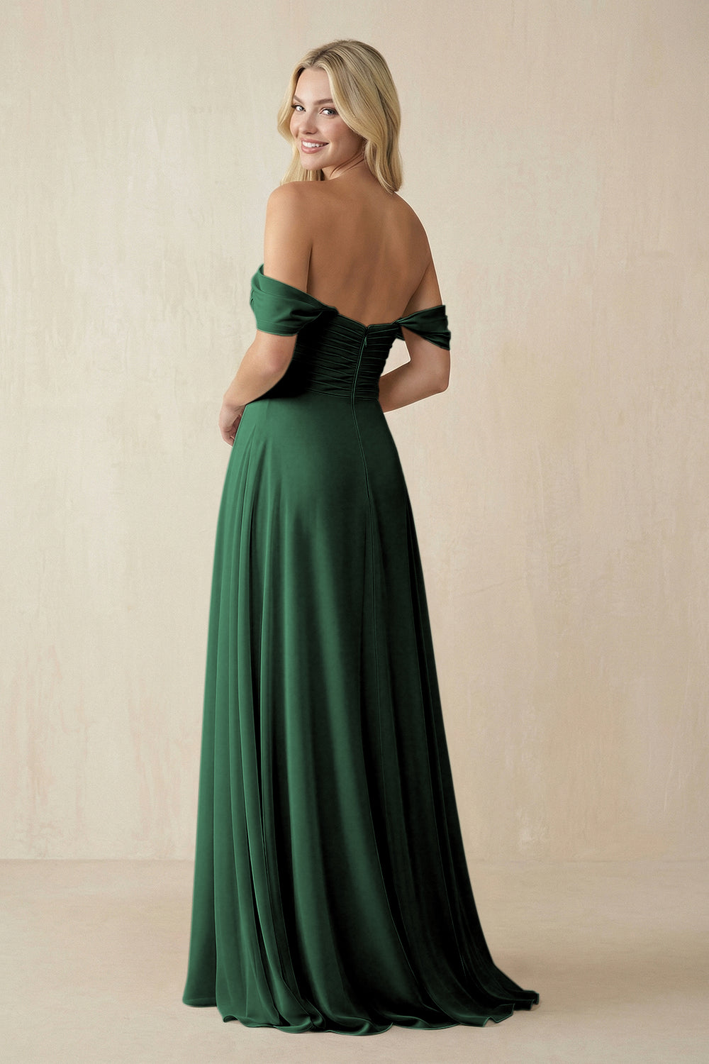 Off-the-Shoulder Chiffon A-Line Long Bridesmaid Dress in Dark Green