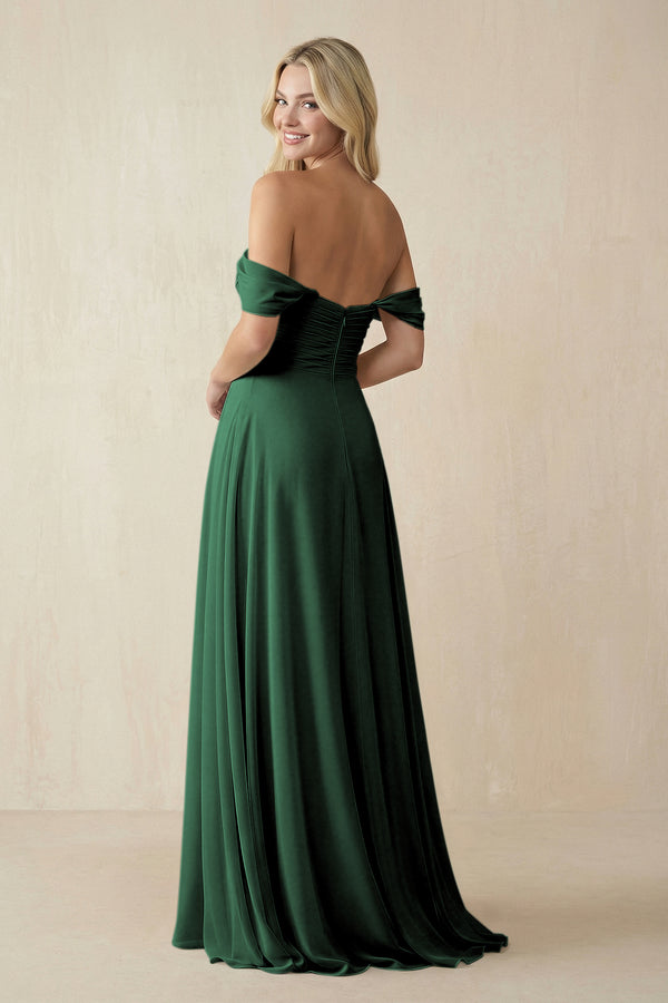 Dark Green Off-the-Shoulder Chiffon A-Line Long Bridesmaid Dress (2) | KISSBRIDAL