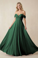 Dark Green Off-the-Shoulder Chiffon A-Line Long Bridesmaid Dress | KISSBRIDAL