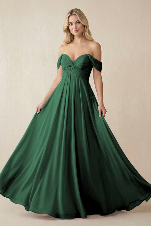 Dark Green Off-the-Shoulder Chiffon A-Line Long Bridesmaid Dress | KISSBRIDAL