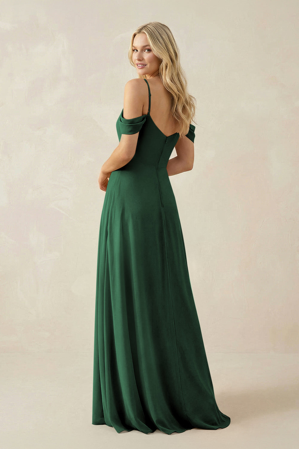 Off-the-Shoulder Chiffon A-Line Maxi Bridesmaid Dress in Dark Green