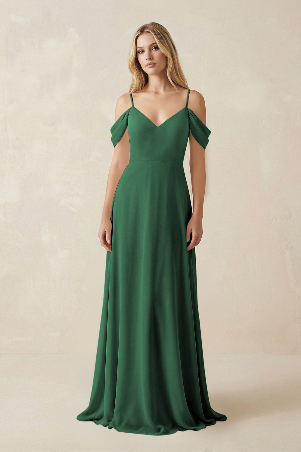 Off-the-Shoulder Chiffon A-Line Maxi Bridesmaid Dress in Dark Green