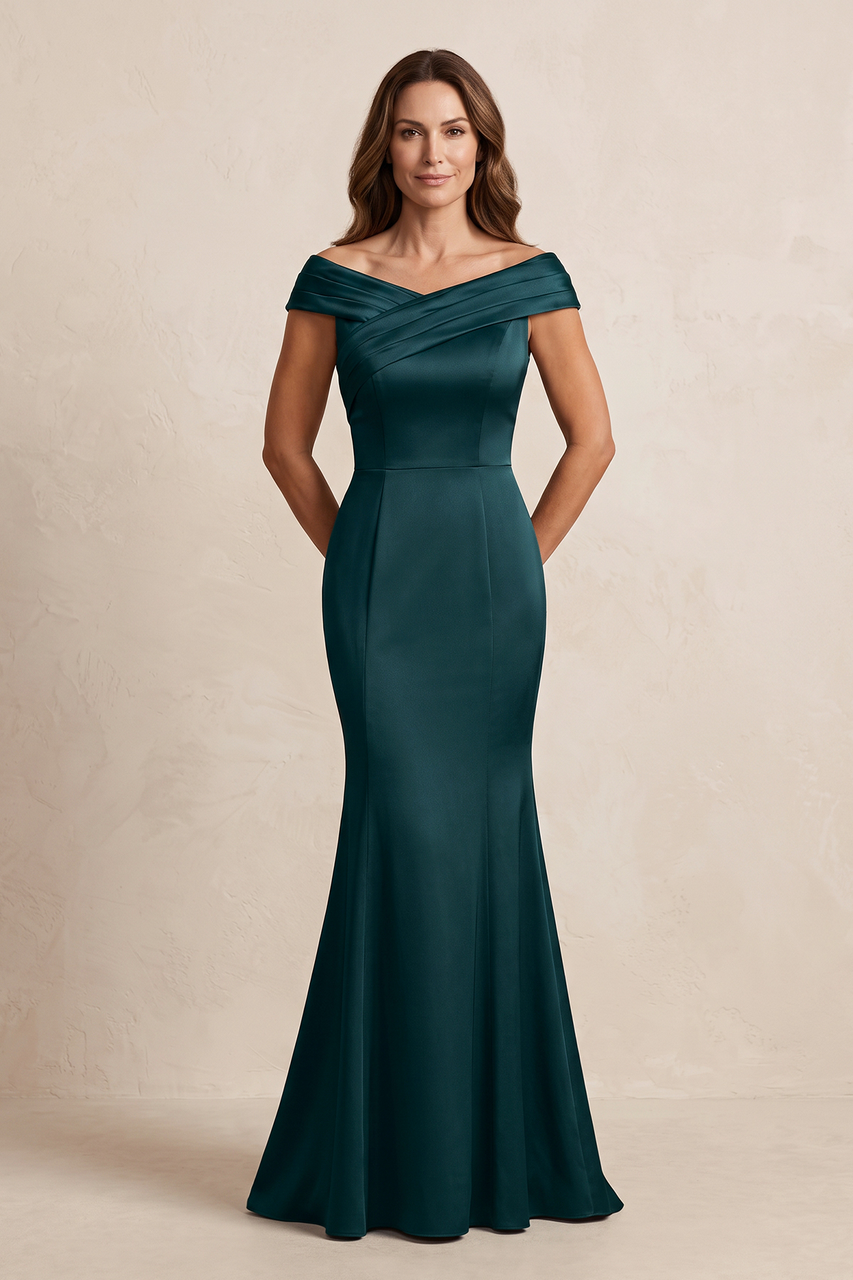 Dark Green Off-the-Shoulder Mermaid Satin Mother of the Bride Dress