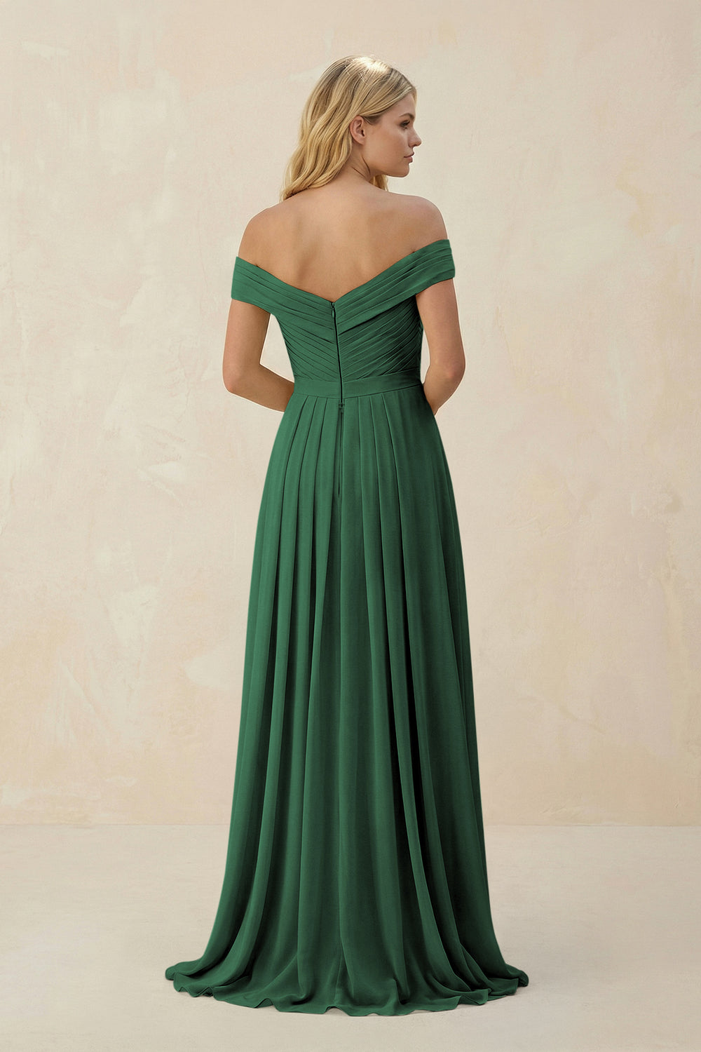 Off-the-Shoulder Pleated A-Line Chiffon Bridesmaid Dress in Dark Green