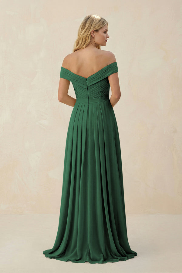 Dark Green Off-the-Shoulder Pleated A-Line Chiffon Bridesmaid Dress (2) | KISSBRIDAL