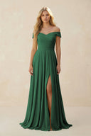 Dark Green Off-the-Shoulder Pleated A-Line Chiffon Bridesmaid Dress | KISSBRIDAL