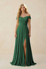 Dark Green Off-the-Shoulder Pleated A-Line Chiffon Bridesmaid Dress | KISSBRIDAL