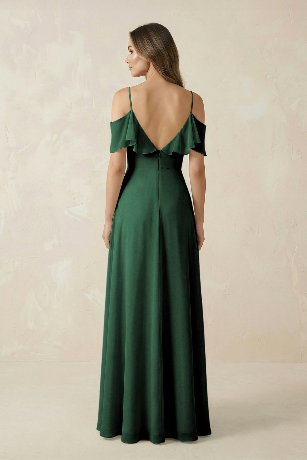Off-the-Shoulder Ruffled A-Line Chiffon Bridesmaid Dress in Dark Green