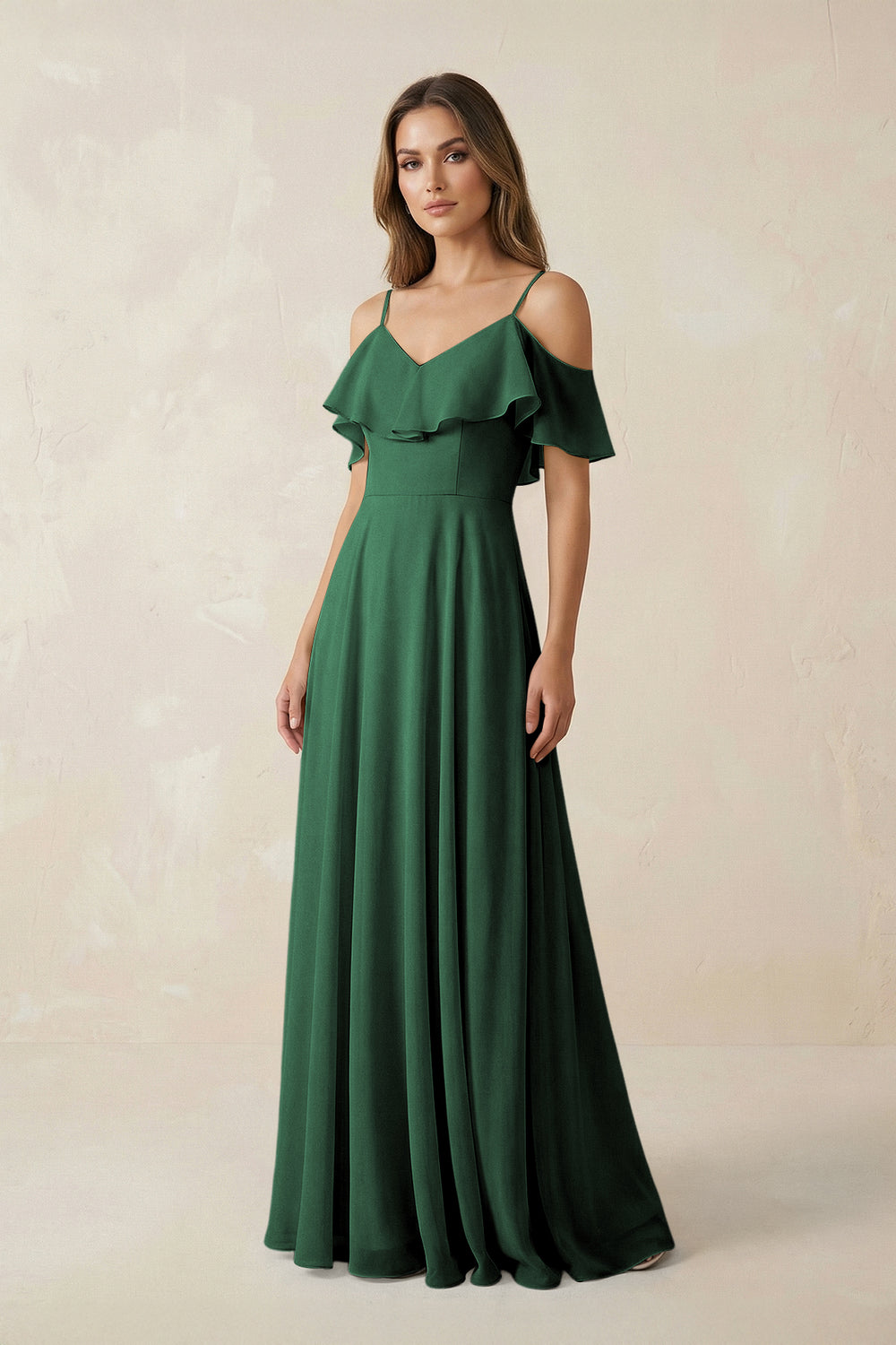 Off-the-Shoulder Ruffled A-Line Chiffon Bridesmaid Dress in Dark Green