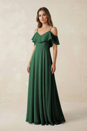 Dark Green Off-the-Shoulder Ruffled A-Line Chiffon Bridesmaid Dress | KISSBRIDAL