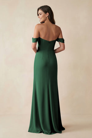 Dark Green Off-the-Shoulder Sheath Bridesmaid Dress with Slit (2) | KISSBRIDAL