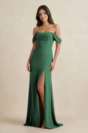Dark Green Off-the-Shoulder Sheath Bridesmaid Dress with Slit | KISSBRIDAL