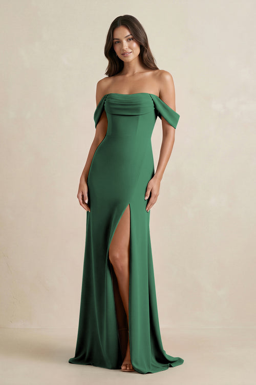 Dark Green Off-the-Shoulder Sheath Bridesmaid Dress with Slit | KISSBRIDAL