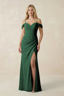 Dark Green Off-the-Shoulder Sheath Chiffon Ruched Bridesmaid Dress | KISSBRIDAL