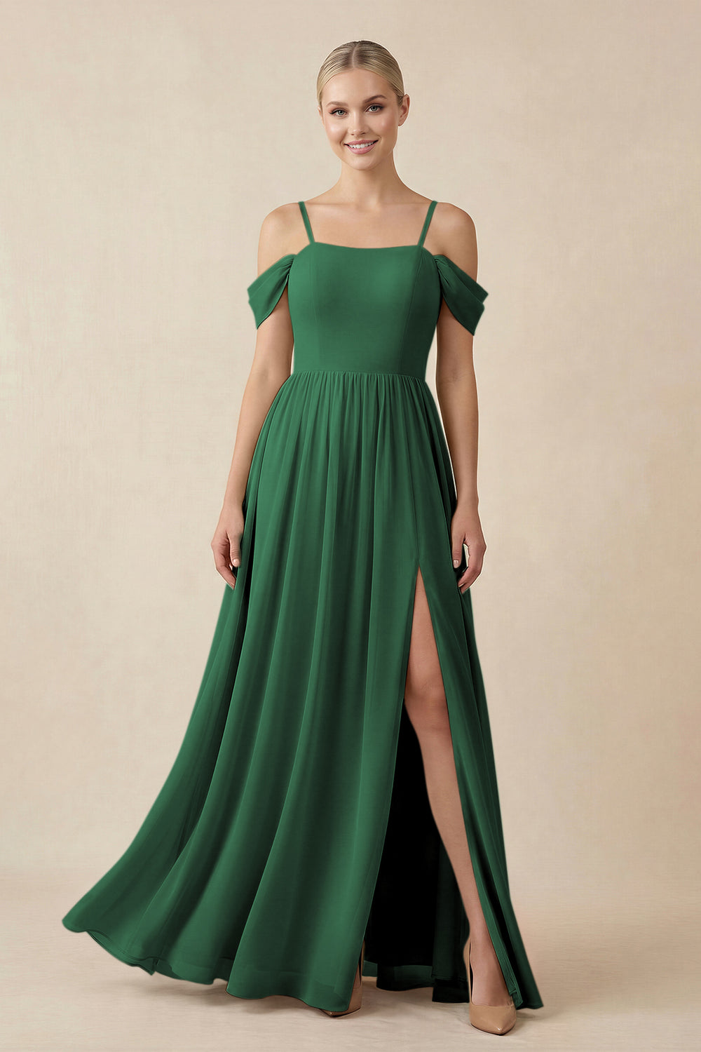 Off-the-Shoulder Sweetheart A-Line Chiffon Bridesmaid Dress in Dark Green