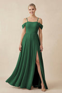 Dark Green Off-the-Shoulder Sweetheart A-Line Chiffon Bridesmaid Dress | KISSBRIDAL
