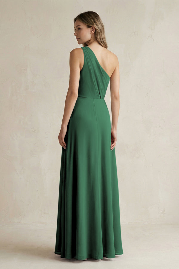Dark Green One-Shoulder Chiffon A-Line Bridesmaid Dress With Slit (2) | KISSBRIDAL