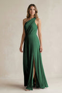 Dark Green One-Shoulder Chiffon A-Line Bridesmaid Dress With Slit | KISSBRIDAL