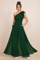 Dark Green One-Shoulder Chiffon Mother of the Bride Jumpsuits | KISSBRIDAL