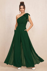 Dark Green One-Shoulder Chiffon Mother of the Bride Jumpsuits | KISSBRIDAL