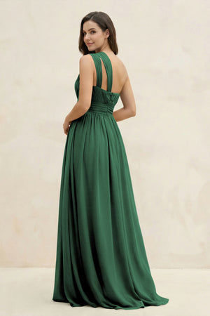 Dark Green One-Shoulder Pleated A-Line Chiffon Bridesmaid Dress (2) | KISSBRIDAL