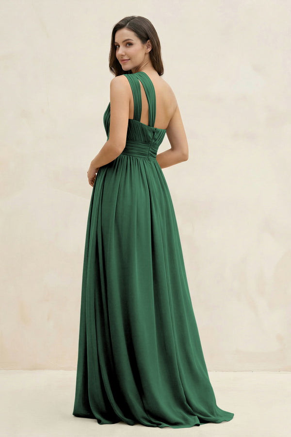 Dark Green One-Shoulder Pleated A-Line Chiffon Bridesmaid Dress (2) | KISSBRIDAL