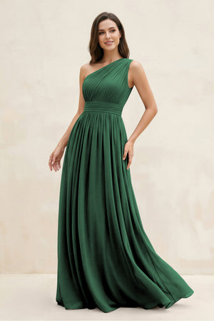 Dark Green One-Shoulder Pleated A-Line Chiffon Bridesmaid Dress | KISSBRIDAL