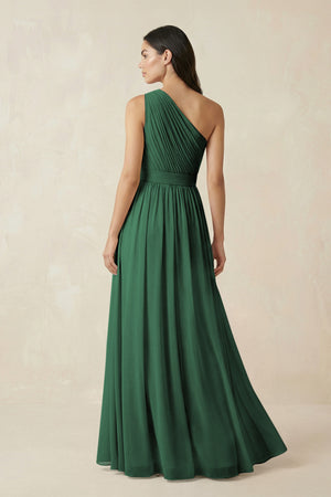 Dark Green One-Shoulder Pleated Chiffon Bridesmaid Gown (2) | KISSBRIDAL