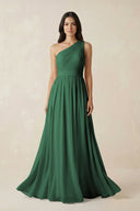 Dark Green One-Shoulder Pleated Chiffon Bridesmaid Gown | KISSBRIDAL