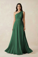 Dark Green One-Shoulder Pleated Chiffon Bridesmaid Gown | KISSBRIDAL