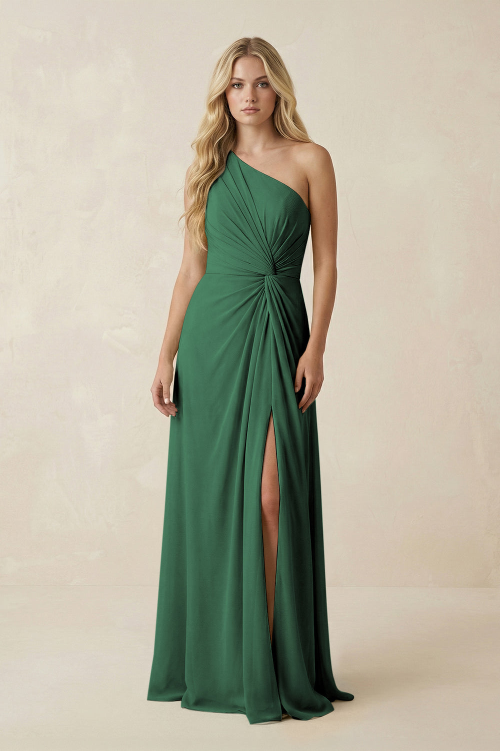 One-Shoulder Ruched A-Line Chiffon Bridesmaid Dress in Dark Green