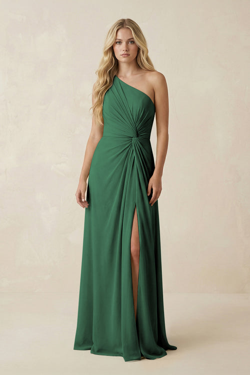 Dark Green One-Shoulder Ruched A-Line Chiffon Bridesmaid Dress | KISSBRIDAL