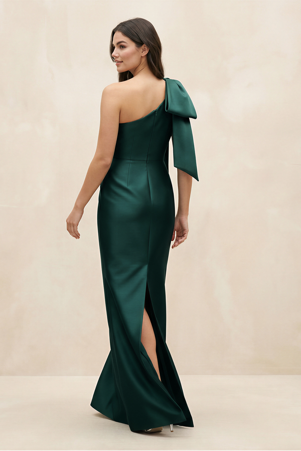 Dark Green One-Shoulder Ruffled Sheath Satin Bow Bridesmaid Dress with Back Slit (2) | KISSBRIDAL