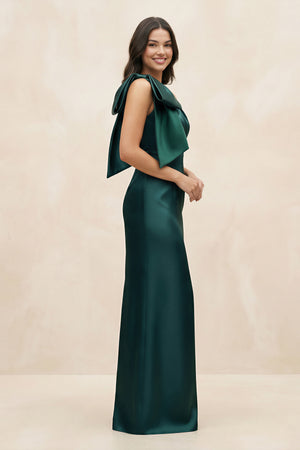 Dark Green One-Shoulder Ruffled Sheath Satin Bow Bridesmaid Dress with Back Slit (3) | KISSBRIDAL