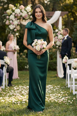 Dark Green One-Shoulder Ruffled Sheath Satin Bow Bridesmaid Dress with Back Slit (4) | KISSBRIDAL