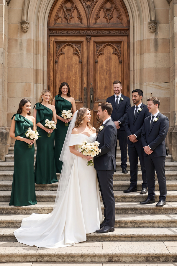 Dark Green One-Shoulder Ruffled Sheath Satin Bow Bridesmaid Dress with Back Slit (5) | KISSBRIDAL