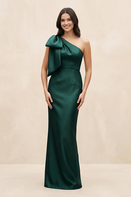 Dark Green One-Shoulder Ruffled Sheath Satin Bow Bridesmaid Dress with Back Slit | KISSBRIDAL